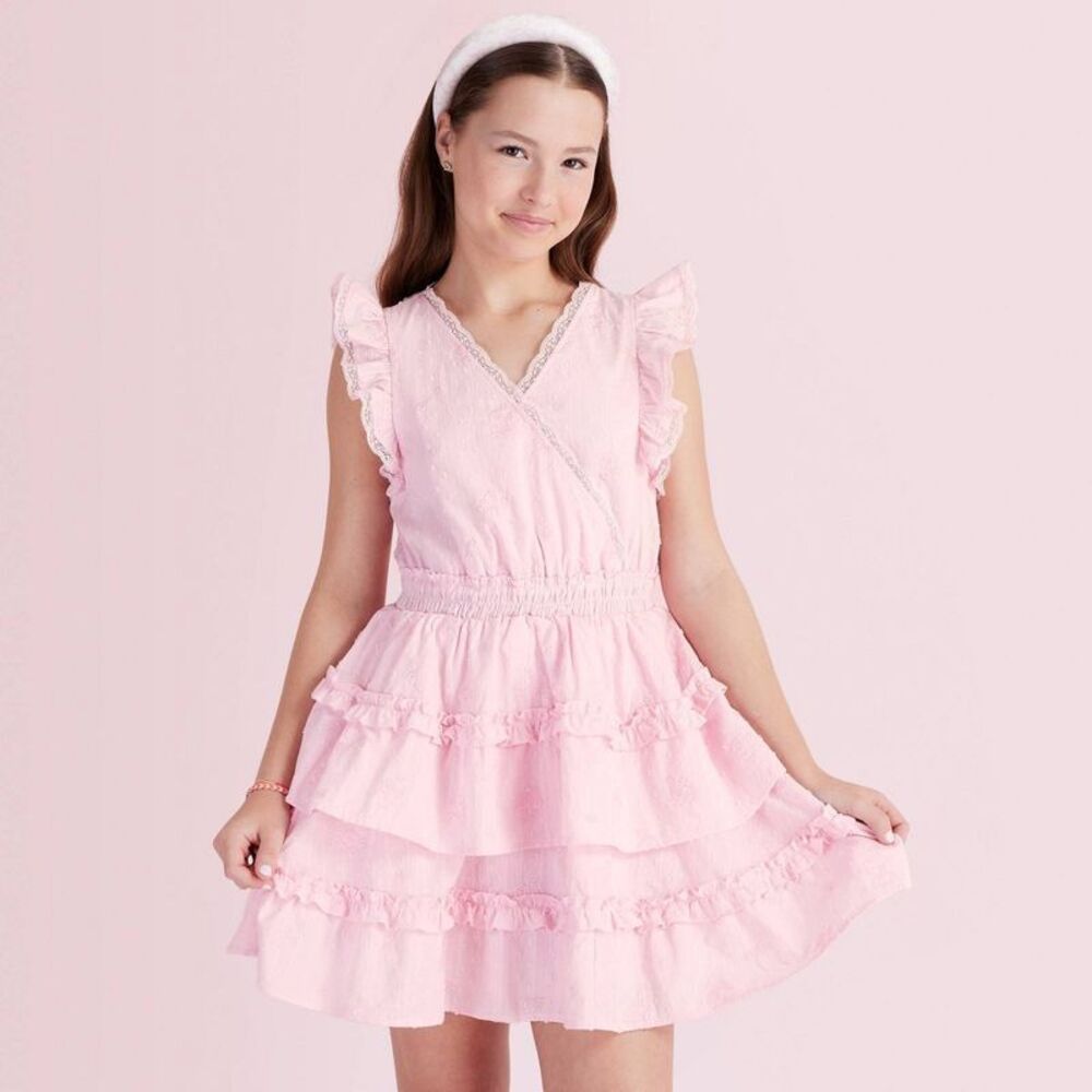 LoveShackFancy - Girls' Beck Alouette Rose Embroidery Tiered Ruffle Pink